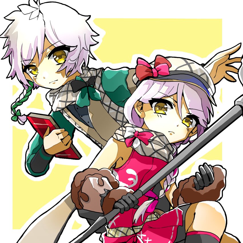1boy 1girl absurdres blonde_hair book brother_and_sister clanne_(fire_emblem) fire_emblem fire_emblem_engage framme_(fire_emblem) highres holding holding_book holding_staff konyaaa1005 looking_at_viewer nintendo siblings staff twins