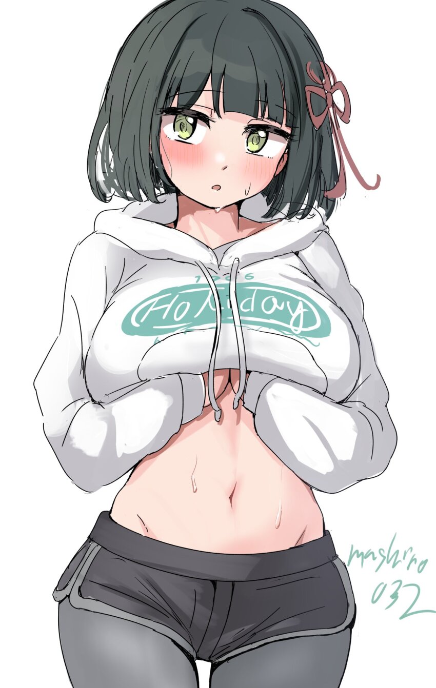 1girl artist_name black_hair blunt_bangs blunt_ends blush bob_cut breasts clothes_lift commentary cowboy_shot ereka flower_knot green_eyes grey_leggings groin highres hood hood_down hoodie hoodie_lift large_breasts leggings leggings_under_shorts lifting_own_clothes link!_like!_love_live! looking_at_viewer love_live! momose_ginko momose_ginko_(summer_training_wear) navel official_alternate_costume parted_lips short_hair signature simple_background solo stomach sweat virtual_youtuber white_background white_hoodie