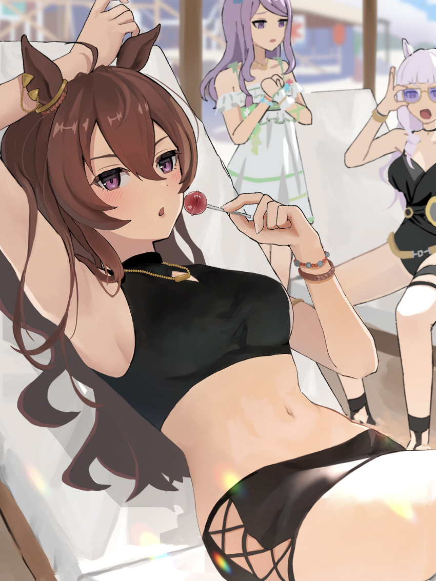 3girls ahoge animal_ear_piercing animal_ears bare_arms bare_legs bare_shoulders black_choker black_garter black_one-piece_swimsuit black_shoes bracelet breasts choker cleavage cleavage_cutout clothing_cutout collarbone commentary_request ear_ornament ear_piercing eyelashes feet_out_of_frame fingernails frilled_thigh_strap gold_belt gold_bracelet gold_ship_(run_revolt_launcher)_(umamusume) gold_ship_(umamusume) highres horse_ears horse_girl jewelry large_breasts long_hair looking_at_viewer medium_breasts mejiro_mcqueen_(ripple_fairlady)_(umamusume) mejiro_mcqueen_(umamusume) multicolored_innertube multiple_girls multiple_piercings nakayama_festa_(entrust_myself_to_the_dice)_(umamusume) nakayama_festa_(umamusume) one-piece_swimsuit outdoors pendant_choker piercing pool purple_eyes purple_hair shoes shoulder_tattoo sidelocks sitting smile solo_focus sunglasses swimsuit tainy_y tattoo thigh_strap triangular_eyewear umamusume upper_body wavy_hair wet wet_hair