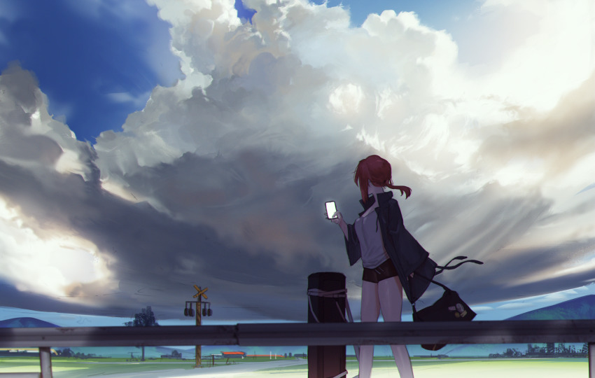 1girl bag black_shorts breasts cellphone cloud cloudy_sky danzir day drawstring facing_away fence field floating_hair hand_up highres holding holding_bag holding_phone jacket long_hair long_sleeves low_ponytail mountainous_horizon open_clothes open_jacket original outdoors phone ponytail red_hair road road_sign scenery shorts sidelocks sign sky sleeves_past_wrists smartphone standing street taking_picture wind
