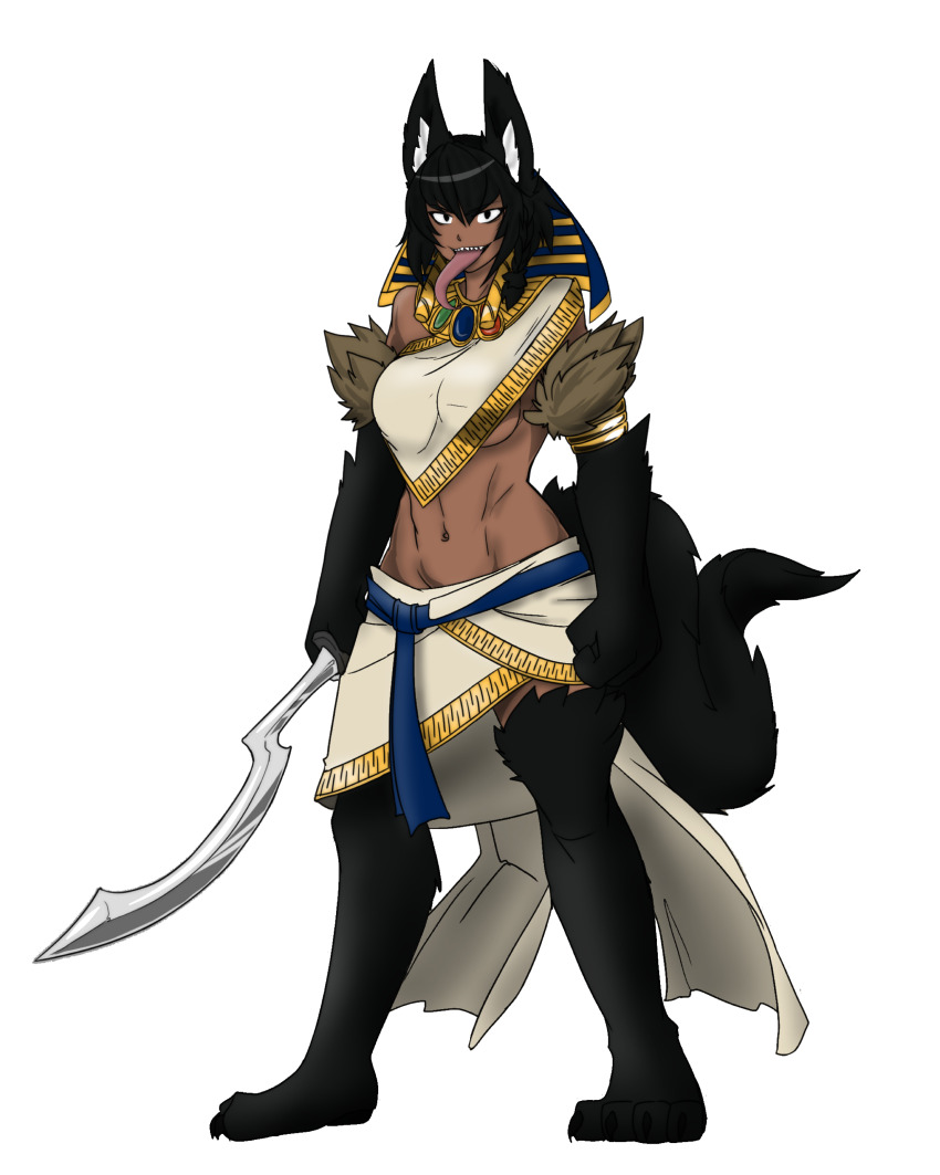 1girl 2015 abs absurdres ancient_egyptian ancient_egyptian_clothes animal_ear_fluff animal_ears animal_legs anonymous_drawfag_(artist) black_fur bobanon braid breasts colorized commentary dark-skinned_female dark_skin egyptian_mythology english_commentary full_body highres jewelry khopesh less long_tongue midriff monster_girl monster_girl_encyclopedia navel neck original pelvic_curtain set_(less/bob) set_(mythology) sharp_teeth solo standing sword tail teeth tongue underboob vagabonds weapon wolf_ears wolf_girl wolf_paws wolf_tail