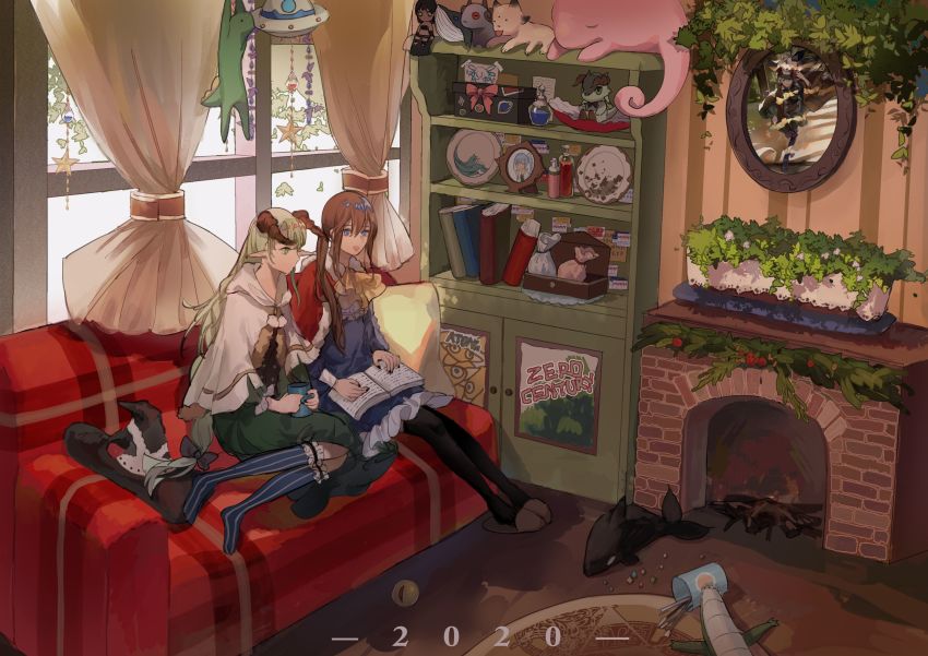 2020 2girls absurdres bad_id bad_pixiv_id black_headwear black_legwear blonde_hair blue_eyes blue_legwear book bow brown_hair brown_horns capelet chocolate_(jitong) couch cup curtains elf fireplace flower_box hat highres holding holding_cup horns indoors long_hair mug multiple_girls no_shoes open_book original paintbrush painting_(object) pantyhose pink_bow plate pointy_ears poster_(object) rug sack shawl shelf slippers socks striped_clothes striped_legwear striped_socks stuffed_animal stuffed_cat stuffed_dinosaur stuffed_dragon stuffed_orca stuffed_toy unworn_hat unworn_headwear vertical-striped_clothes vertical-striped_socks window witch_hat