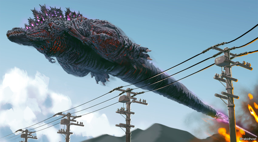 cloud dinosaur energy energy_beam epic explosion fire flying giant giant_monster glowing godzilla godzilla_(series) godzilla_(shin) hanekura_bou kaiju monster multiple_heads plasma plasma_beam power_lines sharp_teeth shin_godzilla sky tail_beam tail_head teeth toho what