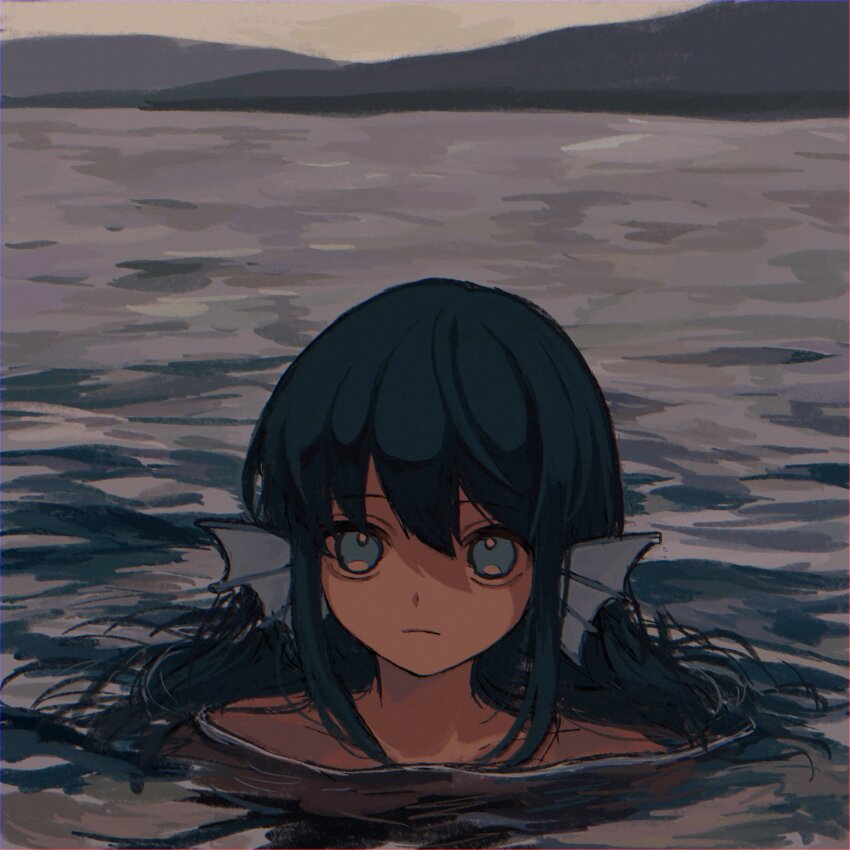 1girl bare_shoulders blue_eyes blue_hair closed_mouth commentary_request expressionless fins griffon0416 head_fins highres long_hair mermaid monster_girl outdoors partially_submerged puyopuyo serilly_(puyopuyo) solo water