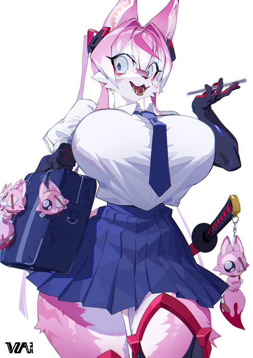 absurdres animal_ears animal_plush artist_logo artist_name bag blue_eyes blue_skirt breasts cellphone charm_(object) collared_shirt eyepatch fox_ears fox_girl furry furry_female gloves highres holding holding_phone huge_breasts katana logo long_glove necktie open_mouth original phone pink_hair pleated_skirt school_bag school_uniform shirt short_hair simple_background skirt stuffed_toy sword teeth tongue vzazu weapon white_background white_shirt