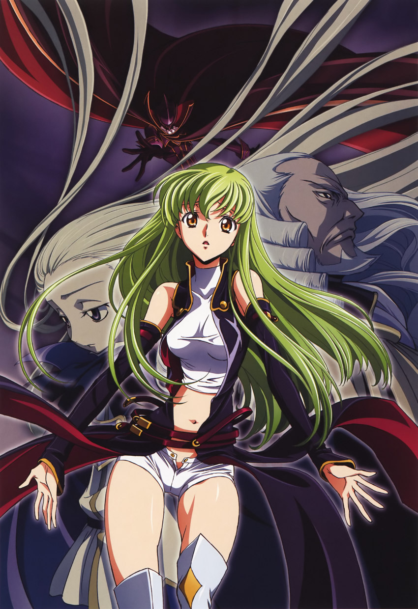 1girl 3boys absurdres boots c.c. charles_zi_britannia coat code_geass detached_sleeves green_hair highres kimura_takahiro long_hair midriff multiple_boys navel official_art short_shorts shorts silver_hair thigh_boots thighhighs unbuttoned v.v. white_footwear white_shorts white_thighhighs yellow_eyes zero_(code_geass)