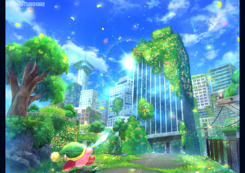 arm_up artist_name blue_sky building chain-link_fence city cloud commentary_request copy_ability day facing_away falling_petals fence flower from_behind grass green_hat hat holding holding_sword holding_weapon kirby kirby_(series) kirby_and_the_forgotten_land kumaoka_pon moss nintendo no_humans outdoors overgrown petals pillarboxed pixiv_id post-apocalypse power_lines running scenery sky skyscraper solo sun sword sword_kirby tree twitter_username utility_pole watermark weapon