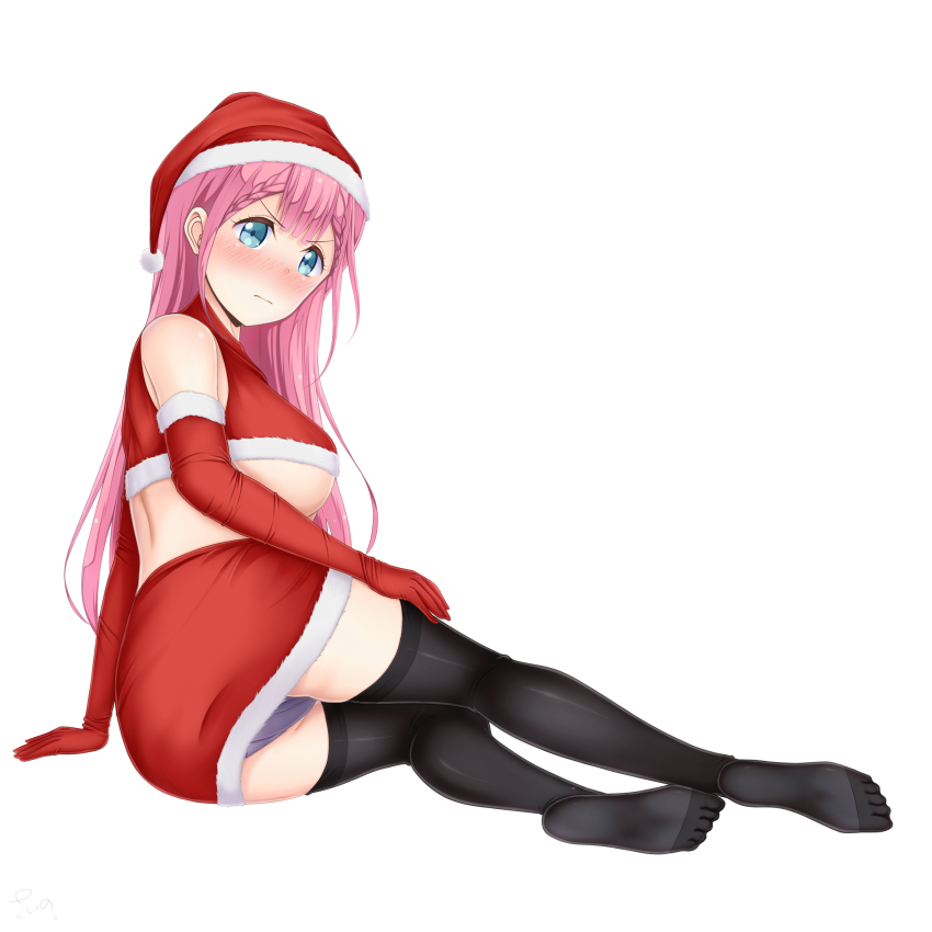 1girl absurdres aqua_eyes ass back bare_shoulders blue_eyes blush bokutachi_wa_benkyou_ga_dekinai braid breasts hat highres kirisu_mafuyu large_breasts legs long_hair looking_at_viewer looking_back lying on_side panties pink_hair sainohikari santa_costume santa_hat simple_background sitting skirt solo thighhighs thighs underboob underwear white_background