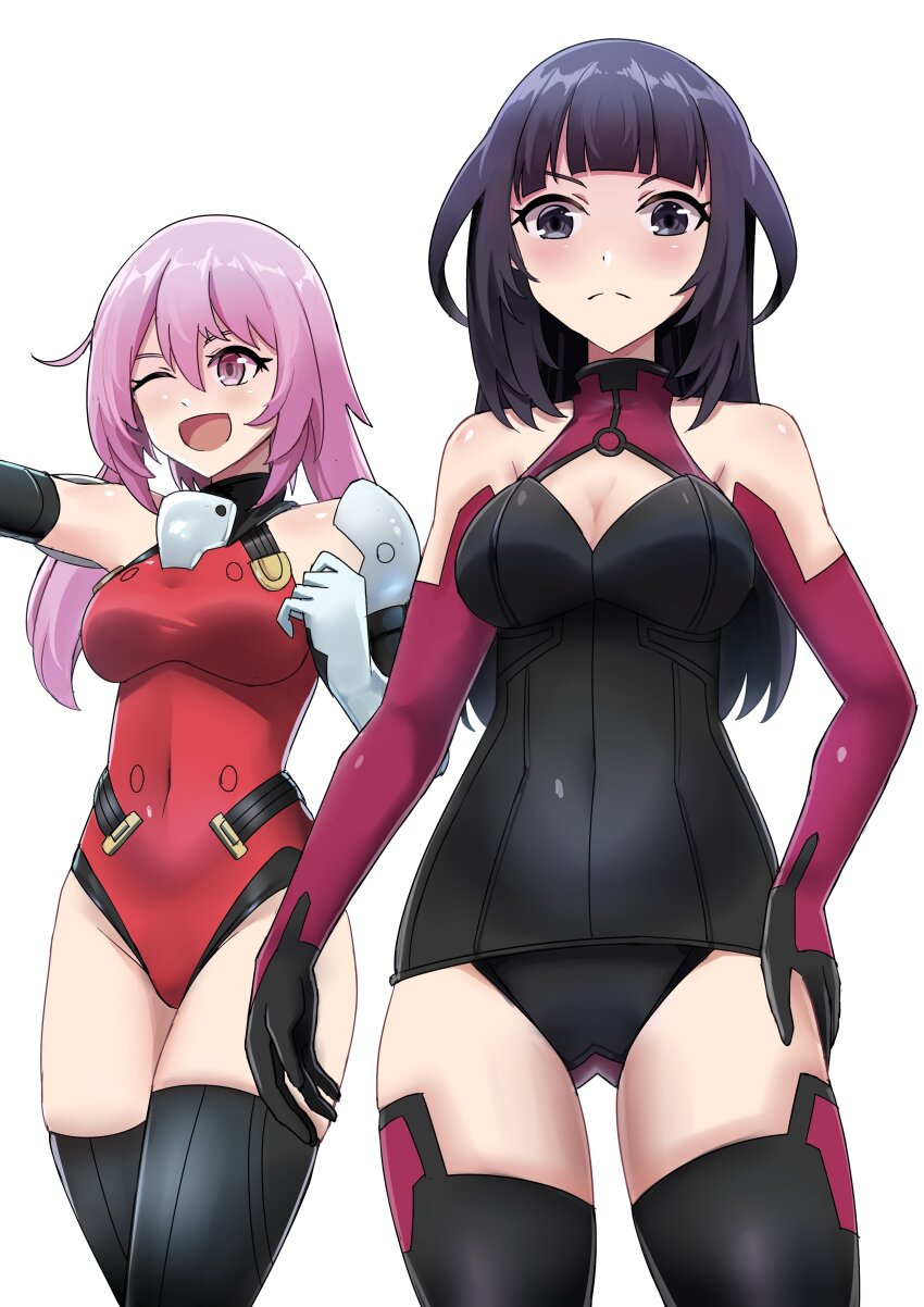 2girls absurdres agatsuma_kaede alice_gear_aegis black_eyes black_hair breasts cleavage highres hime_cut hirasaka_yotsuyu long_hair multiple_girls pink_eyes pink_hair sudhiro_sappurisa