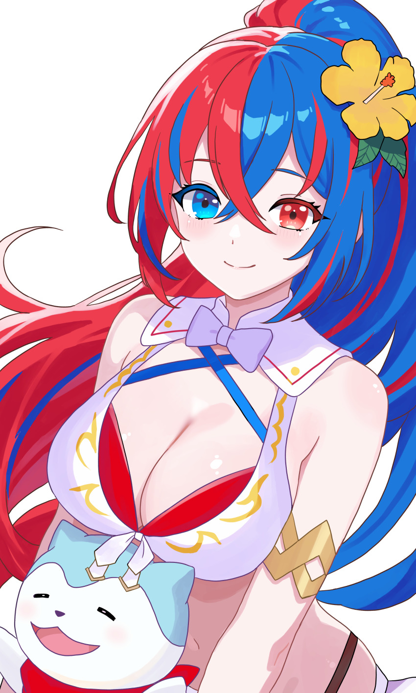 1girl absurdres bare_shoulders bikini blue_bikini blue_eyes blue_hair breasts cleavage closed_mouth crossed_bangs female_alear_(fire_emblem) female_alear_(seaside_dragon)_(fire_emblem) fire_emblem fire_emblem_engage fire_emblem_heroes flower hair_between_eyes hair_flower hair_ornament heterochromia highres large_breasts long_hair looking_at_viewer multicolored_hair n_54 nintendo official_alternate_costume official_alternate_hairstyle ponytail red_bikini red_eyes red_hair smile sommie_(fire_emblem) split-color_hair swimsuit transparent_background two-tone_hair very_long_hair white_bikini