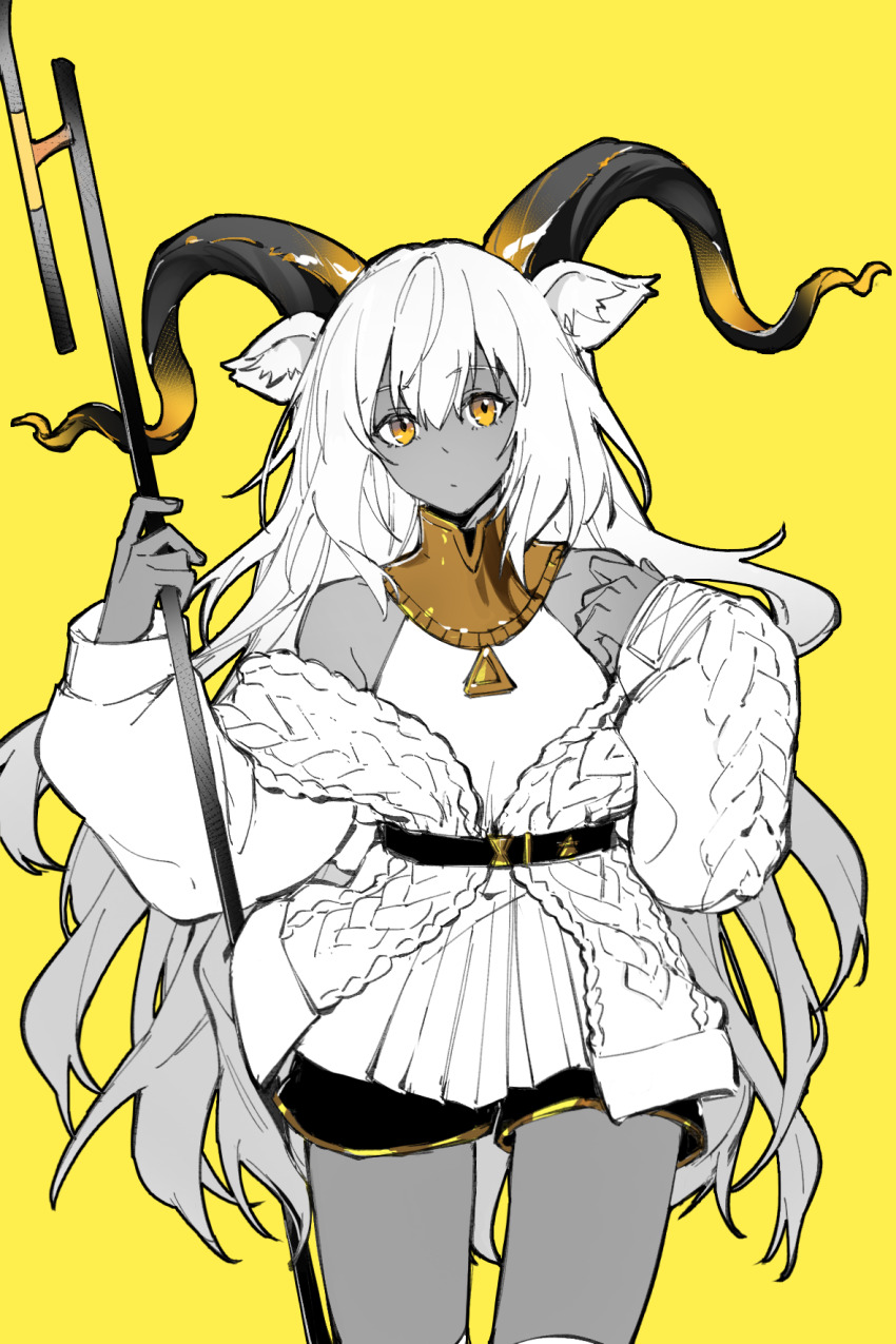 1girl animal_ear_fluff animal_ears arknights bare_shoulders beeswax_(arknights) beeswax_(weisser_sand)_(arknights) belt black_horns cable_knit closed_mouth cowboy_shot expressionless gold hair_between_eyes high_collar highres holding horns long_hair long_sleeves looking_at_viewer off_shoulder official_alternate_costume partially_colored piaoliu_ping_ping_ping_pingzi solo standing very_long_hair yellow_eyes yellow_horns