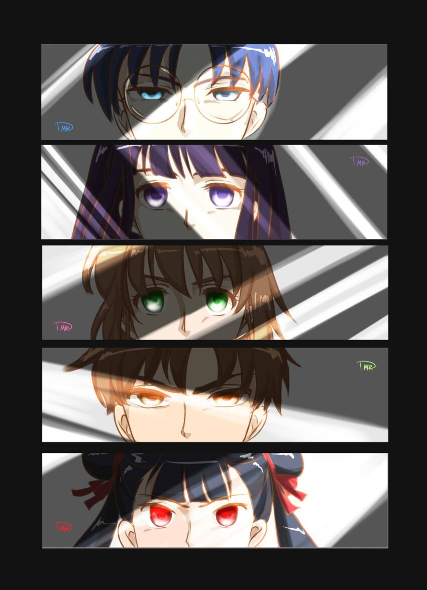 2boys 3girls absurdres black_border blue_eyes blunt_bangs border brown_hair cardcaptor_sakura close-up commentary daidouji_tomoyo double_bun glasses green_eyes hair_bun highres hiiragizawa_eriol li_meiling li_syaoran long_hair multiple_boys multiple_girls red_eyes short_hair yaninpoart