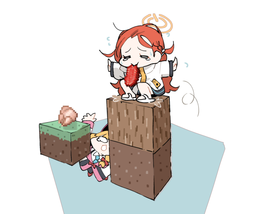 2girls block_(minecraft) blonde_hair blue_archive chibi grass_block jacket minecraft minecraft_youtube momoi_(blue_archive) multiple_girls parkour_civilization raw_beef raw_chicken red_hair sandals short_shorts shorts yuzu_(blue_archive)