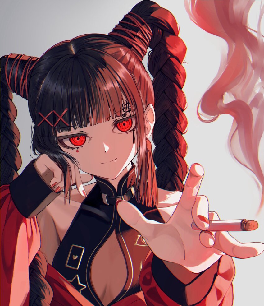 1girl between_fingers black_dress black_hair braid breasts center_opening cigarette closed_mouth commentary_request copyright_request dress grey_background hair_ornament hands_up highres holding holding_cigarette jacket long_hair long_sleeves looking_at_viewer nail_polish off_shoulder open_clothes open_jacket pentagon_(railgun_ky1206) puffy_long_sleeves puffy_sleeves red_eyes red_jacket red_nails sidelocks simple_background sleeves_past_wrists small_breasts smile solo twin_braids twintails x_hair_ornament