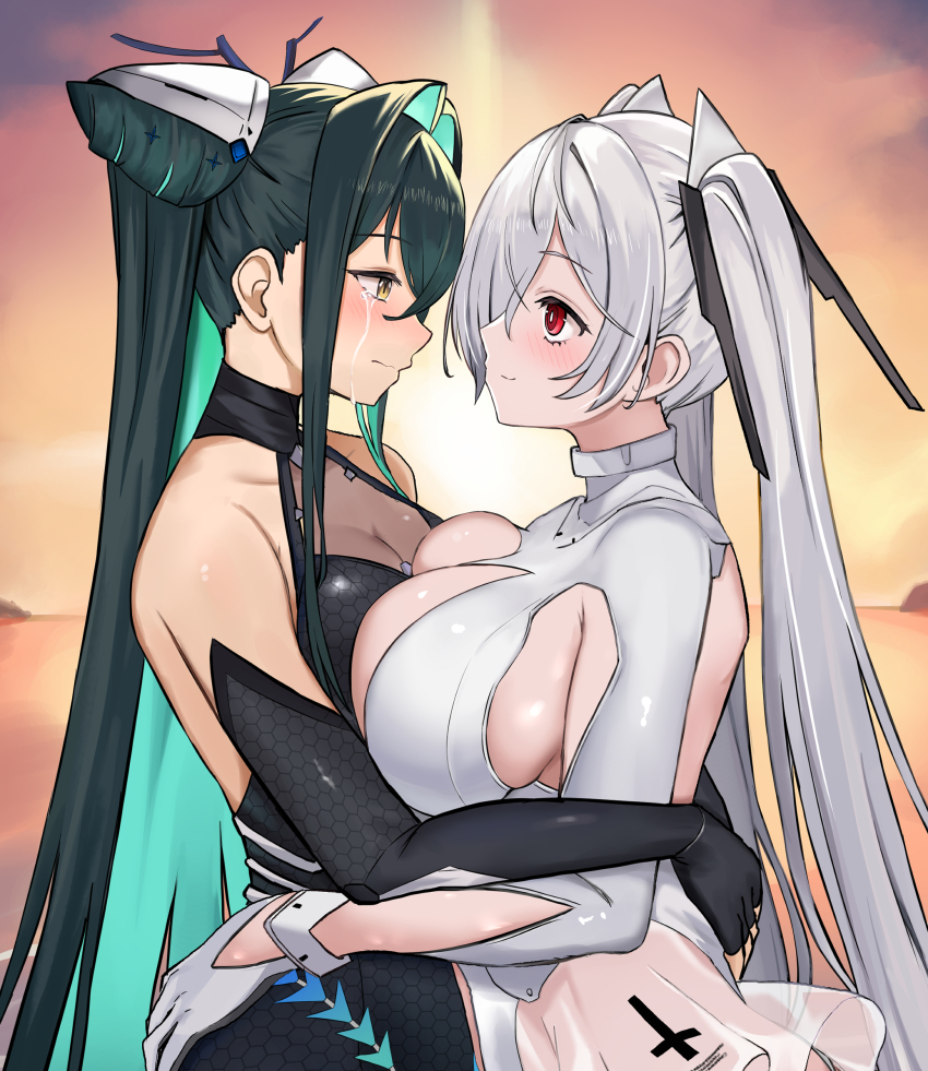 2girls 384muchimuchi accessories aqua_hair arm_around_waist armpit_cutout asymmetrical_docking backless_bodysuit bare_shoulders black_bodysuit black_hair blush bodysuit breast_press breasts cinderella_(nikke) cleavage clothing_cutout colored_inner_hair crying crying_with_eyes_open flower-shaped_hair folded_hair gloves goddess_of_victory:_nikke hair_intakes hair_over_one_eye halterneck happy_tears hexagon_print highres honeycomb_(pattern) honeycomb_print hug large_breasts leg_cutout little_mermaid_(nikke) long_hair looking_back medium_breasts multicolored_hair multiple_girls one_eye_covered red_eyes see-through_bodysuit see-through_cleavage see-through_clothes shiny_eyes smile tears twintails very_long_hair white_bodysuit white_hair yellow_eyes