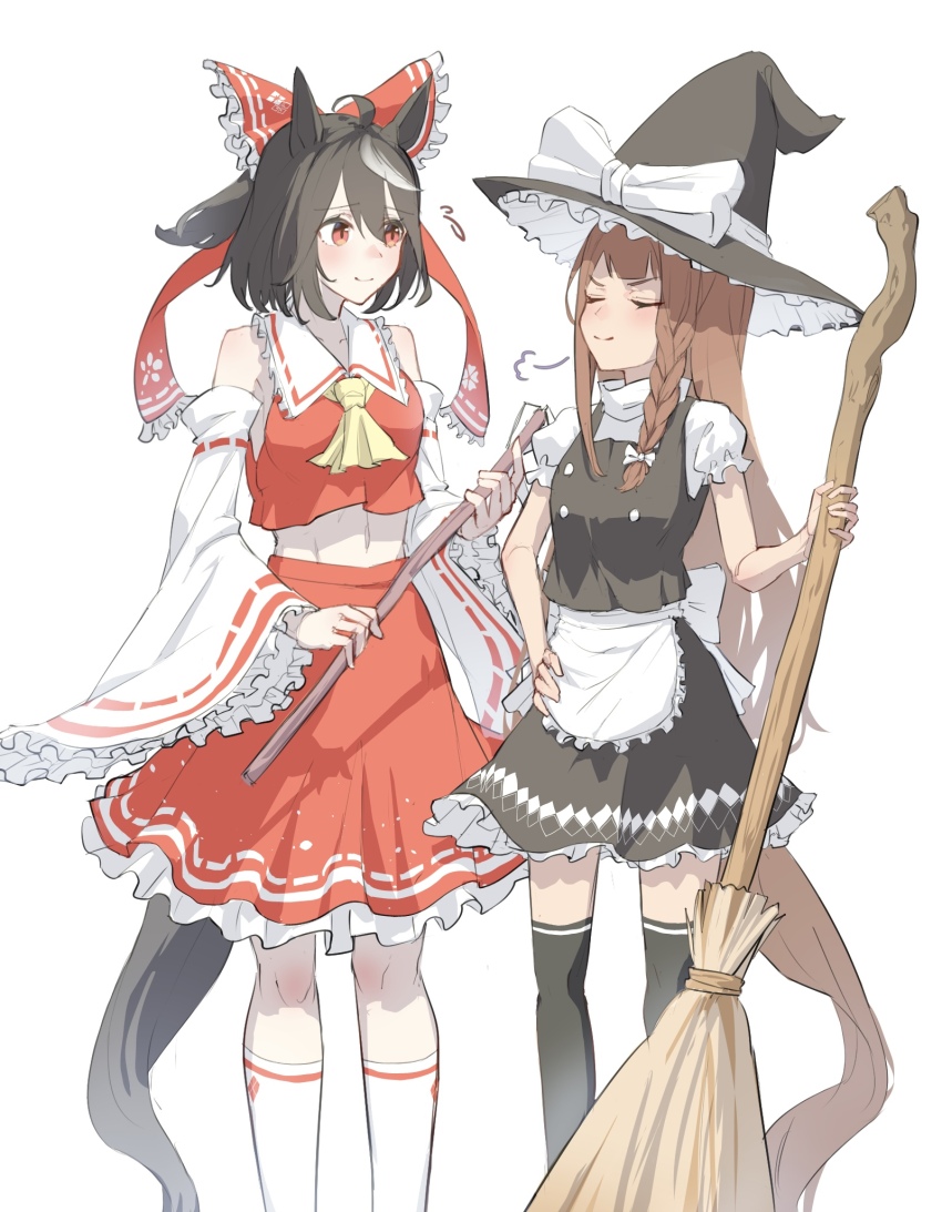 2girls abs ahoge animal_ears apron ascot black_hat black_skirt black_vest blonde_hair bow braid broom brown_hair closed_eyes closed_mouth commentary_request commission cosplay detached_sleeves frilled_skirt frills hair_bow hair_ribbon hakurei_reimu hakurei_reimu_(cosplay) half_updo hand_on_own_hip hat hat_bow highres holding holding_broom horse_ears horse_girl horse_tail kirisame_marisa kirisame_marisa_(cosplay) kitasan_black_(umamusume) long_sleeves looking_at_another multicolored_hair multiple_girls puff_of_air puffy_short_sleeves puffy_sleeves red_bow red_eyes red_ribbon red_shirt red_skirt ribbon sailor_collar sasa_fune shirt short_hair short_sleeves side_braid sidelocks simple_background single_braid skeb_commission skirt sleeveless sleeveless_shirt smile streaked_hair sweep_tosho_(umamusume) tail touhou umamusume vest waist_apron white_apron white_background white_bow white_hair white_sailor_collar white_shirt witch_hat yellow_ascot