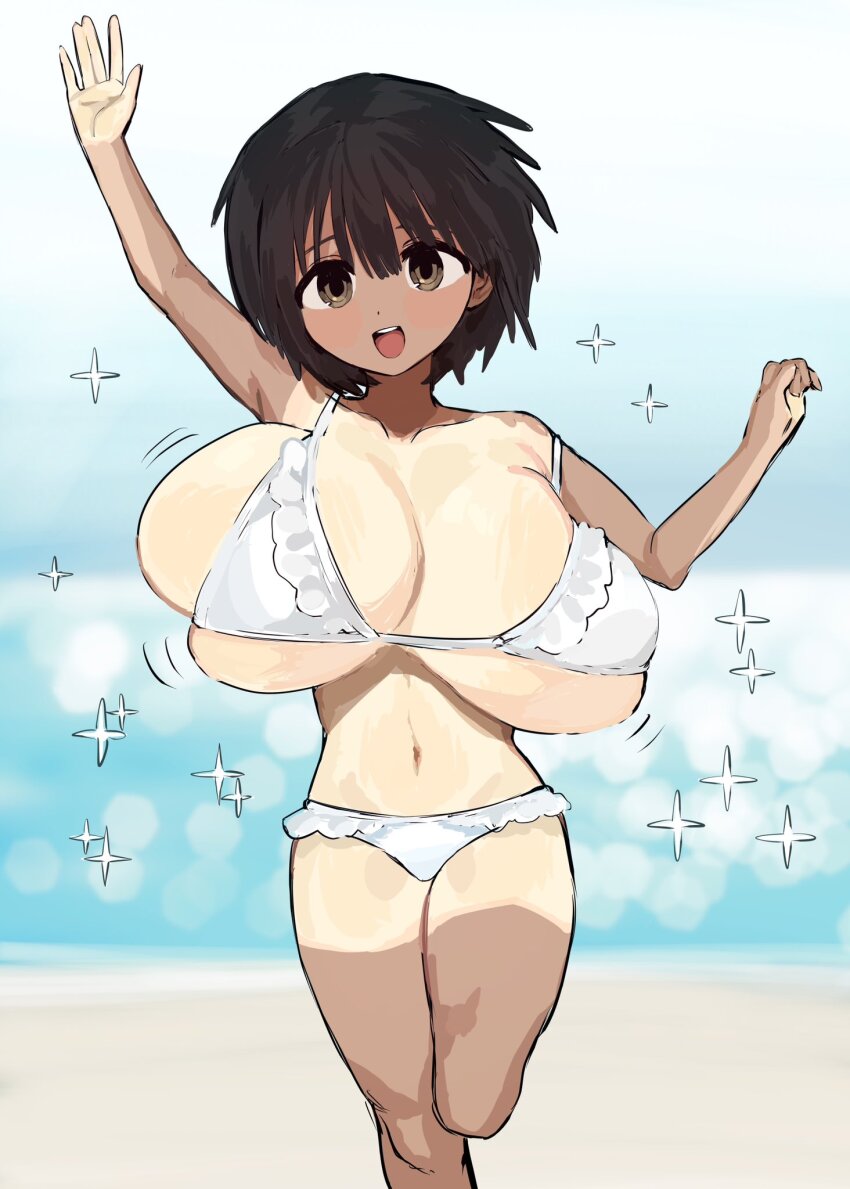 1girl arm_up beach bfmelu bikini black_hair bouncing_breasts breasts brown_eyes cleavage dark-skinned_female dark_skin frilled_bikini frills gigantic_breasts huge_breasts navel ocean open_mouth original outdoors running short_hair skindentation solo sparkle standing swimsuit tan tanline waving white_bikini