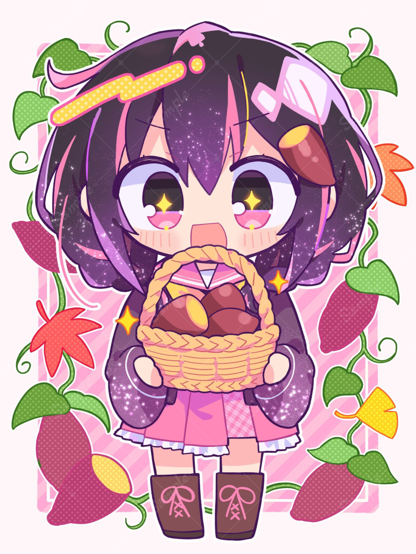 +_+ 1girl :d basket black_hair blush boots border braid brown_boots chibi chibi_only commentary_request food food-themed_hair_ornament frilled_skirt frills full_body hair_ornament highres holding holding_basket iriam jacket lace-up_boots long_sleeves medium_hair multicolored_hair neckerchief open_mouth otokana_sora outline outside_border pink_background pink_eyes pink_hair pink_skirt plaid_clothes plaid_skirt pleated_skirt purple_jacket richard_(richaball) roasted_sweet_potato sailor_collar school_uniform serafuku skirt smile solo sparkle standing streaked_hair striped_background sweet_potato twin_braids two-tone_hair virtual_youtuber white_border white_outline white_sailor_collar yellow_neckerchief