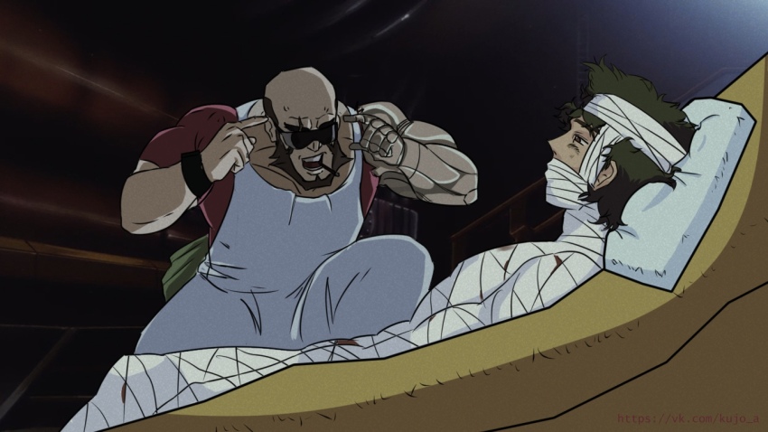 2boys bald beard cowboy_bebop facial_hair head_on_pillow invincible_(series) jet_black meme multiple_boys pillow prosthesis prosthetic_arm single_mechanical_arm spike_spiegel sunglasses think_mark_think!_(meme)