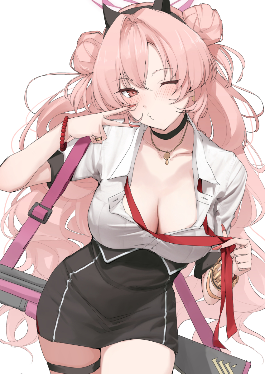 1girl assault_rifle black_skirt blue_archive blush breasts carbine cleavage collared_shirt cowboy_shot double_bun fake_horns fingernails gun h&amp;k_hk33 hair_bun halo heart highres horns kirara_(blue_archive) large_breasts long_fingernails long_hair looking_at_viewer mitsuru_(uramitsuru1206) nail_polish one_eye_closed pink_eyes pink_hair pink_halo pink_nails rifle shirt short-barreled_rifle simple_background skirt solo thigh_strap v weapon white_background white_shirt