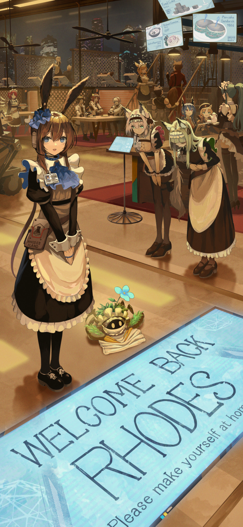 6+boys 6+girls absurdres amiya_(arknights) animal_ears apron arknights ascot black_footwear black_hair black_headwear black_thighhighs blue_ascot blue_eyes blue_flower blue_hair blush bowing broca_(arknights) brown_hair cat_ears ch&#039;en_(arknights) character_request chiave_(arknights) cliffheart_(arknights) closed_eyes commentary_request cup detached_collar detached_sleeves domesticated_metal_crab_(arknights) drill_hair elysium_(arknights) exusiai_(arknights) flower frilled_apron frills full_body green_eyes halo headset heart heart_hands high_heels highres horns hoshiguma_(arknights) id_card indoors jewelry justice_knight_(arknights) kal&#039;tsit_(arknights) kal&#039;tsit_(maid)_(arknights) kettle kroos_(arknights) long_hair long_sleeves lying maid medium_hair multiple_boys multiple_girls multiple_rings myrtle_(arknights) on_stairs open_mouth orange_eyes pi_(p77777778) ponytail pouch rabbit_ears red_hair restaurant ring short_hair silverash_(arknights) skindentation sleeveless sweatdrop swire_(arknights) teacup thigh_pouch thigh_strap thighhighs thorns_(arknights) tray twin_drills wide_sleeves