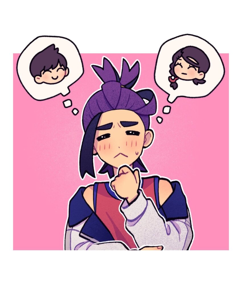 1boy :&lt; black_hair blush border closed_mouth commentary ethan_(pokemon) florian_(pokemon) hand_up highres jacket juliana_(pokemon) multicolored_hair nintendo off_shoulder pink_background pokemon pokemon_sv purple_hair red_shirt shirt sleeveless sleeveless_shirt speech_bubble submashell sweatdrop thinking thought_bubble two-tone_hair white_border white_jacket