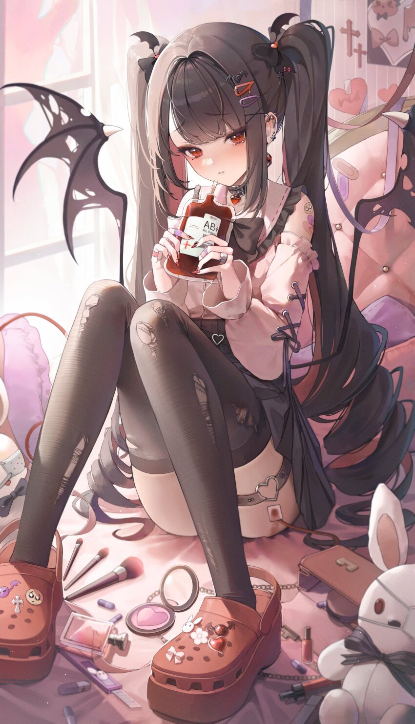 1girl absurdres bag bedroom belt belt_collar black_belt black_hair black_thighhighs blood blood_bag bottle closed_mouth clothing_cutout collar commentary cosmetics crocs day demon demon_girl drill_hair flower hair_flower hair_intakes hair_ornament hairpin hand_mirror handbag highres holding holding_bag jirai_kei knees_up long_hair long_sleeves looking_at_viewer lunia makeup_brush mirror multiple_hairpins nail_polish_bottle original perfume_bottle pink_shirt red_eyes red_shoes ringlets shirt shoes shoulder_cutout sidelocks sitting solo stuffed_animal stuffed_toy symbol-only_commentary thigh_strap thighhighs torn_clothes torn_thighhighs torn_wings twintails very_long_hair window wings