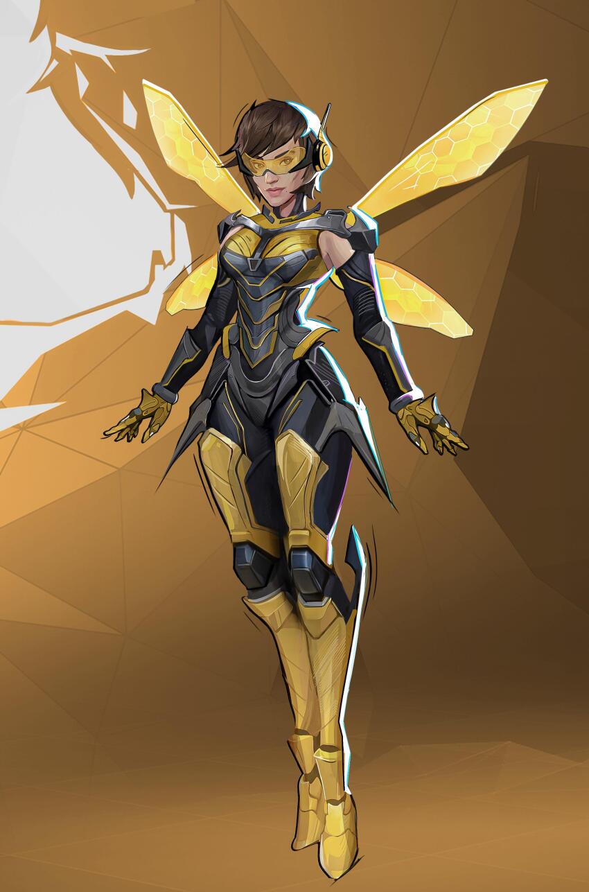 1girl absurdres armor brown_hair david_herzen highres insect_wings janet_van_dyne looking_at_viewer marvel marvel_rivals short_hair solo tinted_eyewear wasp_(marvel) wings yellow-tinted_eyewear yellow_wings