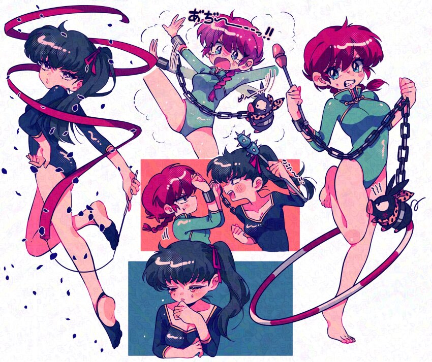 2girls athletic_leotard barefoot black_hair black_leotard black_petals blue_eyes blush braid braided_ponytail breasts chain club club_(weapon) commentary_request crying cuffs full_body genderswap genderswap_(mtf) gymnastics ribbon_baton hair_ribbon half-soles hand_on_own_hip highres hoop hula_hoop juggling_club kunou_kodachi leotard looking_at_viewer multiple_girls multiple_views open_mouth p-chan petals piglet pink_leotard ponytail ranma-chan ranma_1/2 red_hair rhythmic_gymnastics ribbon rose_petals rumic_0620 shackles side_ponytail single_braid sleeved_leotard spiked_club sweat sweatdrop tears translation_request weapon
