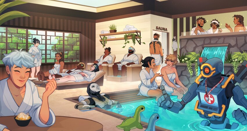 6+boys 6+girls :o ^_^ absurdres android apex_legends ash_(titanfall_2) assault_visor bath beard black_hair blonde_hair blue_hair blush braid breasts brown_eyes brown_hair catalyst_(apex_legends) chopsticks clenched_hand closed_eyes commentary conduit_(apex_legends) crypto_(apex_legends) cucumber_on_face dark-skinned_female dark-skinned_male dark_skin dreadlocks earrings eating english_commentary facial_hair facial_mark forehead_mark gibraltar_(apex_legends) goatee grey_hair hair_behind_ear hair_bun headband helmet highres humanoid_robot indoors jewelry lila_(lilakeylk) loba_(apex_legends) looking_down looking_up lying medium_breasts mirage_(apex_legends) mixed-sex_bathing multicolored_hair multiple_boys multiple_girls nessie_(respawn) newcastle_(apex_legends) official_art ofuro open_mouth pathfinder_(apex_legends) plant pointing rampart_(apex_legends) robot seer_(apex_legends) shared_bathing short_hair side_ponytail single_hair_bun sitting smile sparkle streaked_hair stuffed_toy surprised towel towel_around_neck towel_around_waist twin_braids two-tone_hair valkyrie_(apex_legends) vantage_(apex_legends) wattson_(apex_legends) white_headband window wraith_(apex_legends)