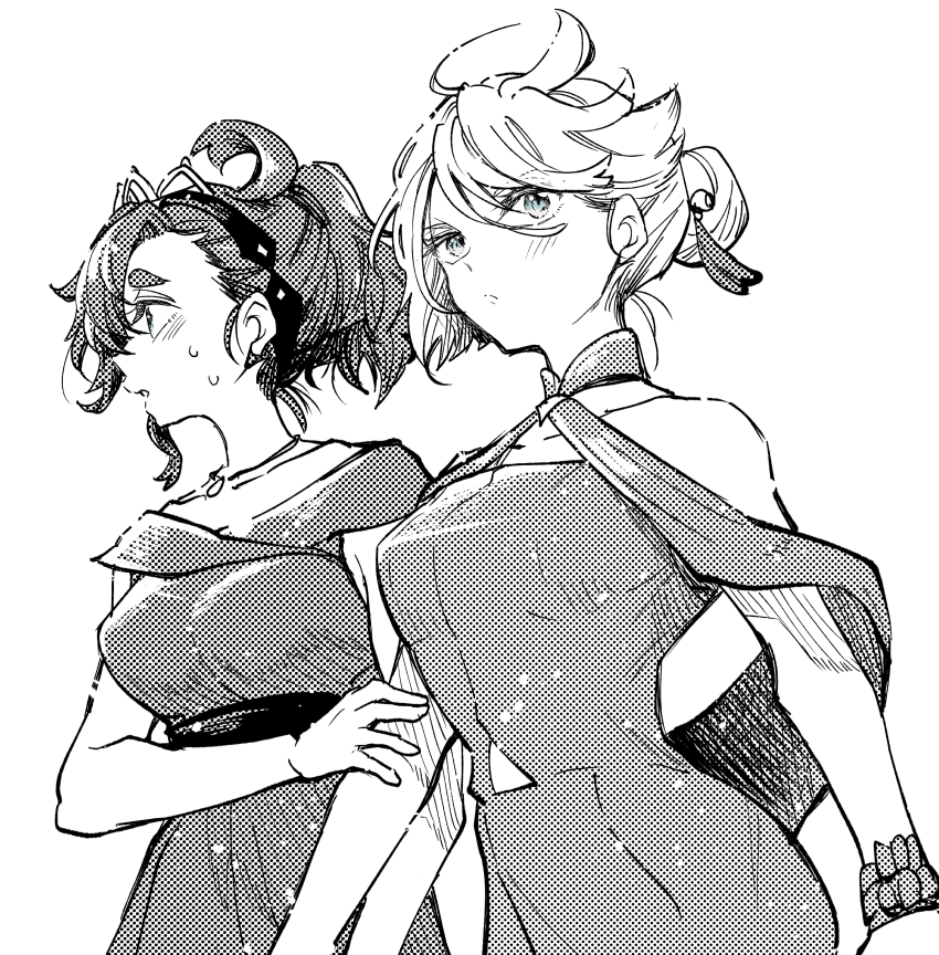 2girls absurdres ahoge bare_shoulders black_hairband blush breasts clothing_cutout gundam gundam_suisei_no_majo hair_between_eyes hair_bun hairband highres holding_another&#039;s_arm jewelry kudou_makoto long_hair looking_to_the_side medium_breasts miorine_rembran multiple_girls necklace parted_lips ponytail stomach_cutout suletta_mercury sweatdrop thick_eyebrows tiara upper_body white_background wristband