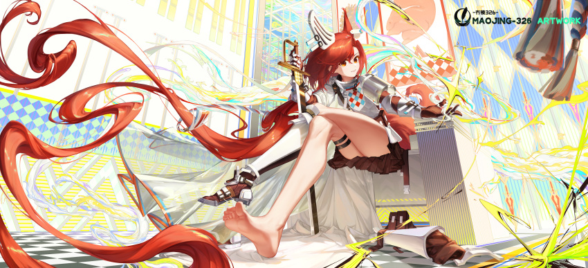 1girl absurdly_long_hair absurdres animal_ears arknights armor artist_name brown_skirt chinese_commentary commentary crossed_legs cuirass ear_armor ear_covers feet flametail_(arknights) full_body hair_between_eyes highres holding holding_sword holding_weapon long_hair looking_at_viewer maojing orange_armor parted_lips pleated_skirt red_hair single_bare_foot single_ear_cover sitting skirt smile soles solo sword tassel thigh_strap toes very_long_hair weapon