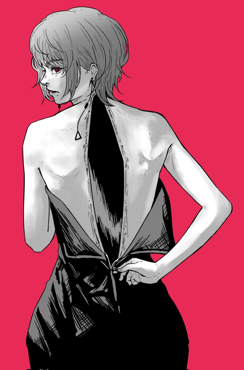 1girl 58_(opal_00_58) black_dress chainsaw_man dress earrings fami_(chainsaw_man) highres hollow_body jewelry looking_at_viewer looking_back raggumba red_eyes ringed_eyes short_hair unzipping