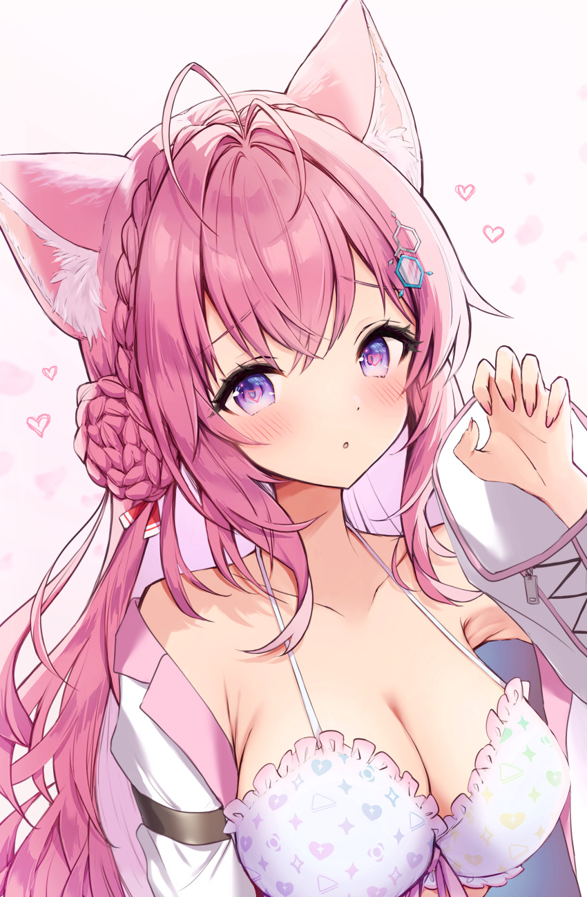 1girl :d absurdres animal_ear_fluff animal_ears antenna_hair bikini braid braided_bun breasts claw_pose cleavage commentary_request crossed_bangs crown_braid double-parted_bangs fingernails hair_bun hakui_koyori halterneck headset hexagon_hair_ornament highres hololive hololive_summer_2022_swimsuit large_breasts long_hair neru5 official_alternate_costume open_mouth pink_hair purple_eyes simple_background smile solo swimsuit virtual_youtuber white_background wolf_ears wolf_girl