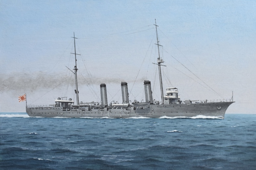 absurdres acrylic_paint_(medium) atelier_bono cannon cruiser highres imperial_japanese_navy mast military_vehicle ocean original painting_(medium) ship ship_turret sky smoke smokestack tone_(protected_cruiser) traditional_media vehicle_focus warship watercraft