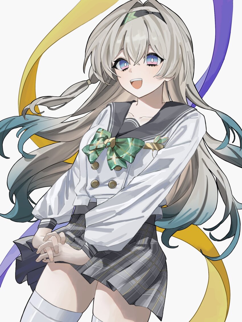 1girl black_hairband blush bright_pupils collared_shirt firefly_(honkai:_star_rail) firefly_(spring_missive)_(honkai:_star_rail) gradient_eyes gradient_hair grey_hair grey_sailor_collar grey_skirt hair_between_eyes hair_intakes hairband highres honkai:_star_rail honkai_(series) interlocked_fingers long_hair multicolored_eyes multicolored_hair nnyyy71 open_mouth own_hands_together pleated_skirt sailor_collar shirt simple_background skirt smile solo teeth thighhighs upper_teeth_only white_background white_pupils white_shirt white_thighhighs