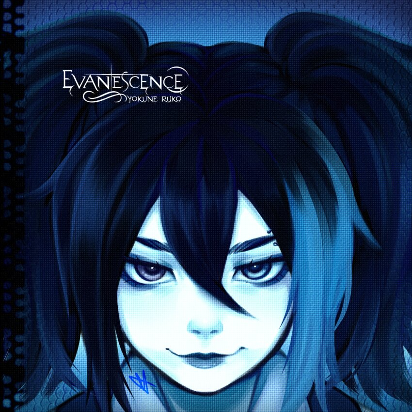 1girl absurdres album_cover black_hair blue_eyes blue_hair closed_mouth cover emo_fashion evanescence fallen_(evanescence) hair_between_eyes highres lips long_hair looking_at_viewer multicolored_hair necktie nn2406 parody smile solo twintails utau yokune_ruko
