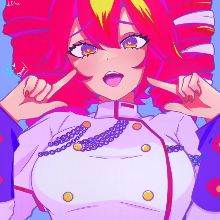 1girl absurdres blue_background breasts buttons commentary double-breasted drill_hair english_commentary grey_jacket hair_ribbon heart heart-shaped_pupils highres jacket kasane_teto kasane_teto_(sv) looking_at_viewer nail_polish open_mouth red_eyes red_hair red_nails ribbon signature simple_background solo symbol-shaped_pupils synthesizer_v teeth tongue twin_drills upper_body upper_teeth_only urikitsune utau white_ribbon