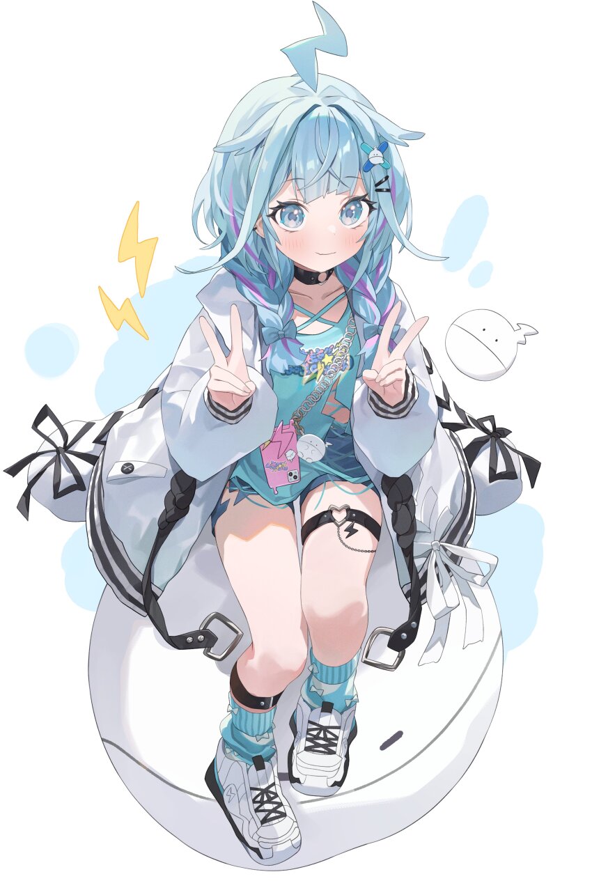 1girl absurdres ahoge black_choker black_ribbon blue_eyes blue_hair blue_shirt blue_shorts blue_socks braid cellphone choker closed_mouth collarbone commentary double_v full_body highres hololive hololive_dev_is jacket light_blush long_hair long_sleeves looking_at_viewer low_twin_braids mizumiya_su multicolored_hair nel_dcm o-ring o-ring_choker o-ring_thigh_strap phone purple_hair ribbon shirt shoes shorts smartphone smile sneakers socks solo streaked_hair thigh_strap twin_braids v virtual_youtuber white_background white_jacket white_shoes