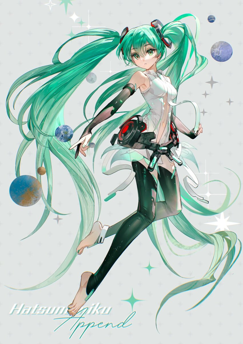 1girl anklet aqua_nails arm_at_side armpits bare_shoulders barefoot black_bridal_gauntlets black_leggings bridal_gauntlets character_name chromatic_aberration commentary detached_leggings dot_nose english_text eyelashes feet_up floating full_body green_eyes green_hair grey_background hair_between_eyes hair_ornament hatsune_miku hatsune_miku_(append) highres hip_gear jewelry leggings long_hair looking_at_viewer nail_polish navel necktie open_clothes open_shirt outstretched_arm parted_lips planet rumoon shirt simple_background sleeveless sleeveless_shirt solo star_(symbol) toenail_polish toenails toes twintails very_long_hair vocaloid vocaloid_append white_necktie white_shirt