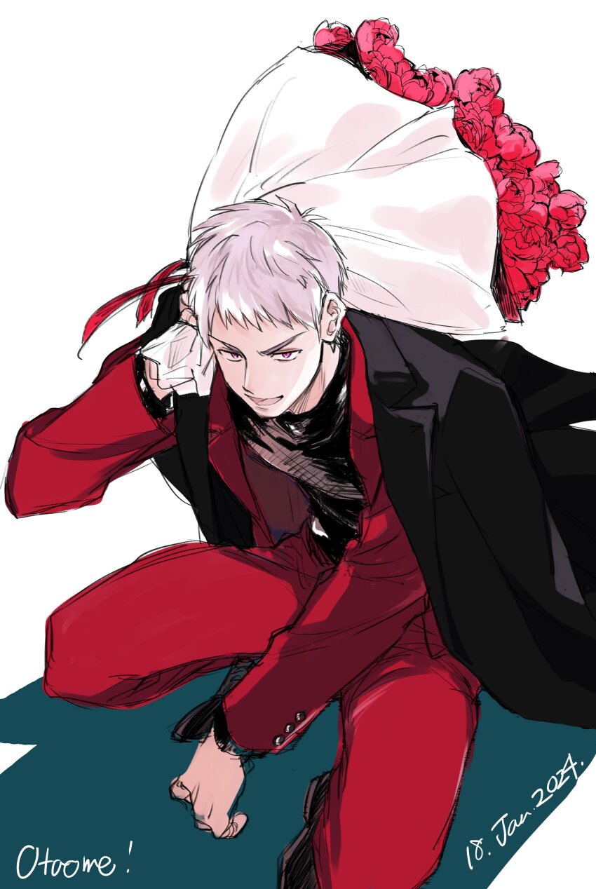 1boy absurdres axis_powers_hetalia black_footwear black_jacket black_shirt bouquet character_request check_character dated english_text facing_to_the_side flower formal_clothes goro_nyanko grey_hair highres holding holding_bouquet jacket jacket_on_shoulders kneeling looking_to_the_side male_focus open_clothes open_jacket open_mouth pants prussia_(hetalia) red-eye_effect red_flower red_jacket red_pants red_rose rose shirt smile squatting white_background