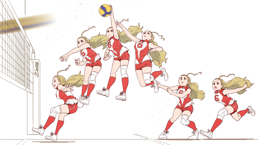 1girl arm_up artist_name ball blonde_hair brown_eyes commentary frown girls_und_panzer hair_pulled_back hairband highres jumping knee_pads legs_up long_hair looking_to_the_side motion_blur open_mouth ponytail progression red_shirt red_shorts red_socks sasaki_akebi satou_yasu shirt shoes short_shorts shorts signature single_vertical_stripe sleeveless sleeveless_shirt sneakers socks spiking sportswear volleyball volleyball_(object) volleyball_net volleyball_uniform white_hairband