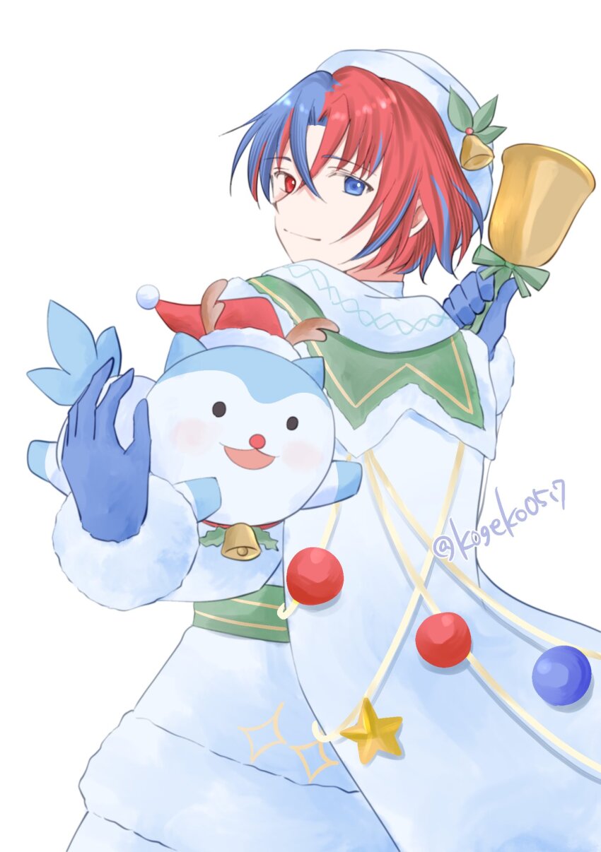 1boy 1other alear_(fire_emblem) alear_(male)_(fire_emblem) alear_(male)_(gifted_dragons)_(fire_emblem) antlers aqua_fur bell blue_gloves crossed_bangs deer_antlers fake_antlers fire_emblem fire_emblem_engage fire_emblem_heroes fur-trimmed_headwear fur_trim fur_wrist_cuffs gloves hat_ornament heterochromia highres holding holding_bell holly_hat_ornament horns kogeko0517 nintendo official_alternate_costume sommie_(fire_emblem) wrist_cuffs