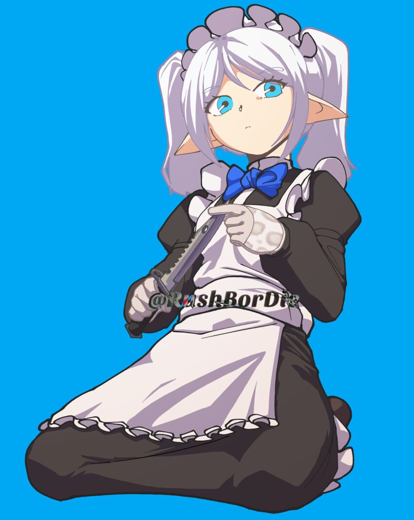 1girl alternate_costume apron black_dress blue_background blue_bow blue_bowtie blue_eyes bow bowtie closed_mouth commentary commission counter-strike_(series) counter-strike_2 dress english_commentary enmaided expressionless frieren full_body gloves grey_gloves highres holding holding_knife hugo_(rushbordie) kneeling knife long_dress long_hair looking_at_viewer maid maid_headdress pointy_ears simple_background solo sousou_no_frieren white_apron white_hair