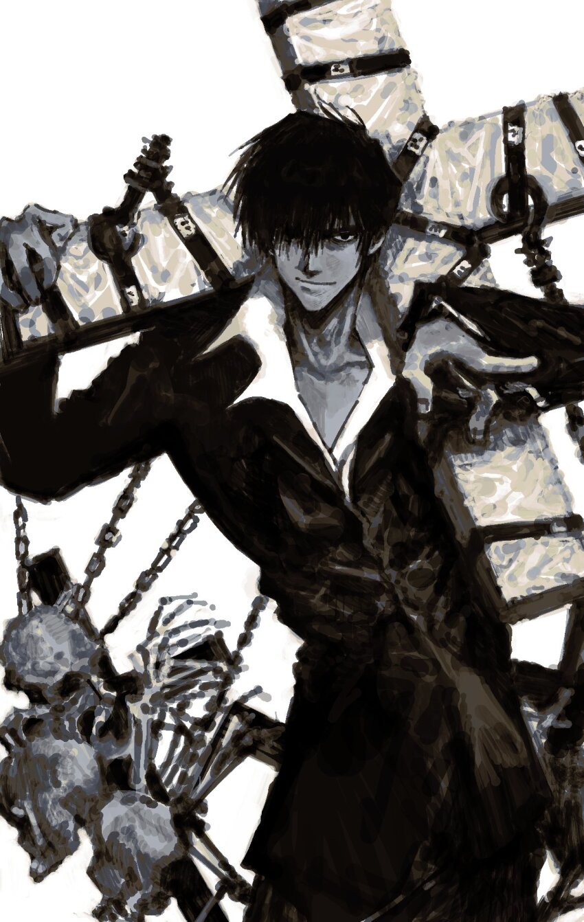 1boy black_hair black_straps black_suit cross cross_punisher formal_clothes highres large_cross male_focus my_nameisyoon nicholas_d._wolfwood punisher_(trigun) suit trigun