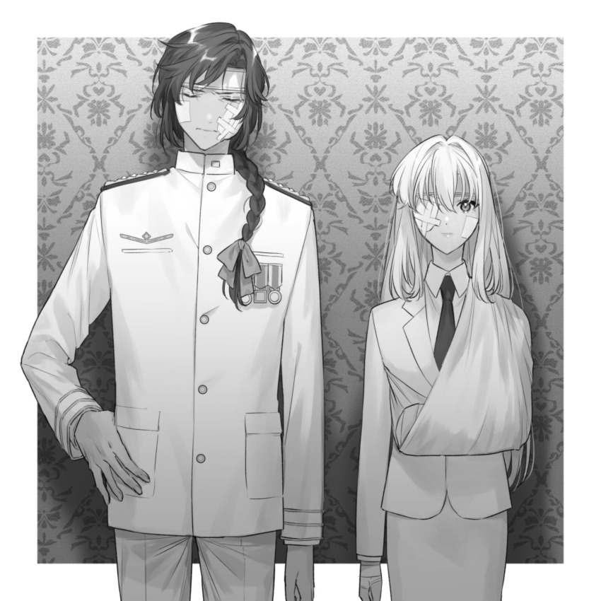 1boy 1girl bandages bandaid braid dietfried_bougainvillea eyepatch gloves greyscale head highres jacket military monochrome motiitigo necktie pants pocket scar shirt skirt violet_evergarden violet_evergarden_(series)