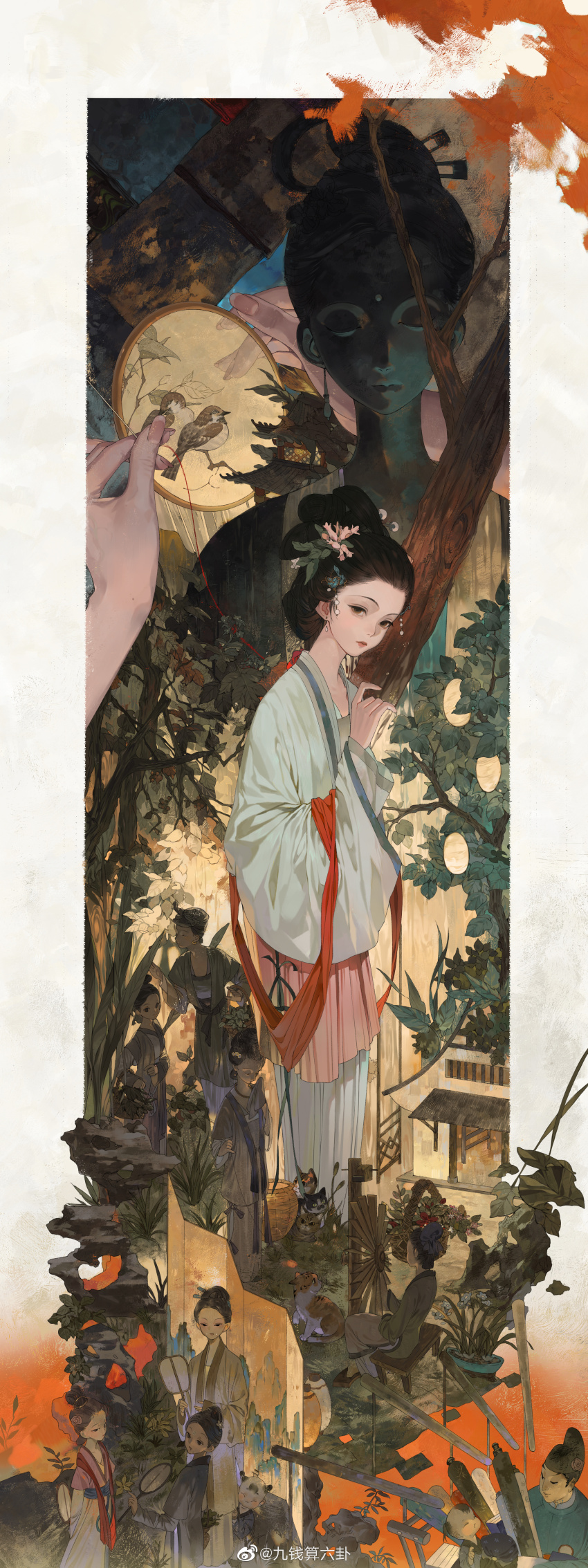 2boys 6+girls absurdres architecture bamboo_screen basket bird black_hair blue_flower blue_hanfu brown_eyes child chinese_clothes chinese_commentary closed_mouth collarbone commentary_request earrings east_asian_architecture expressionless eyelashes fingernails fire flower grass grey_hanfu hair_bun hair_flower hair_ornament hairpin hand_fan hand_up hanfu highres holding holding_fan house jewelry jiaoling_ruqun layered_sleeves leaf lipstick long_sleeves makeup multiple_boys multiple_girls original pink_flower pink_lips red_shawl shachang shawl short_hair solo_focus standing statue tuanshan updo watermark weibo_watermark wide_sleeves