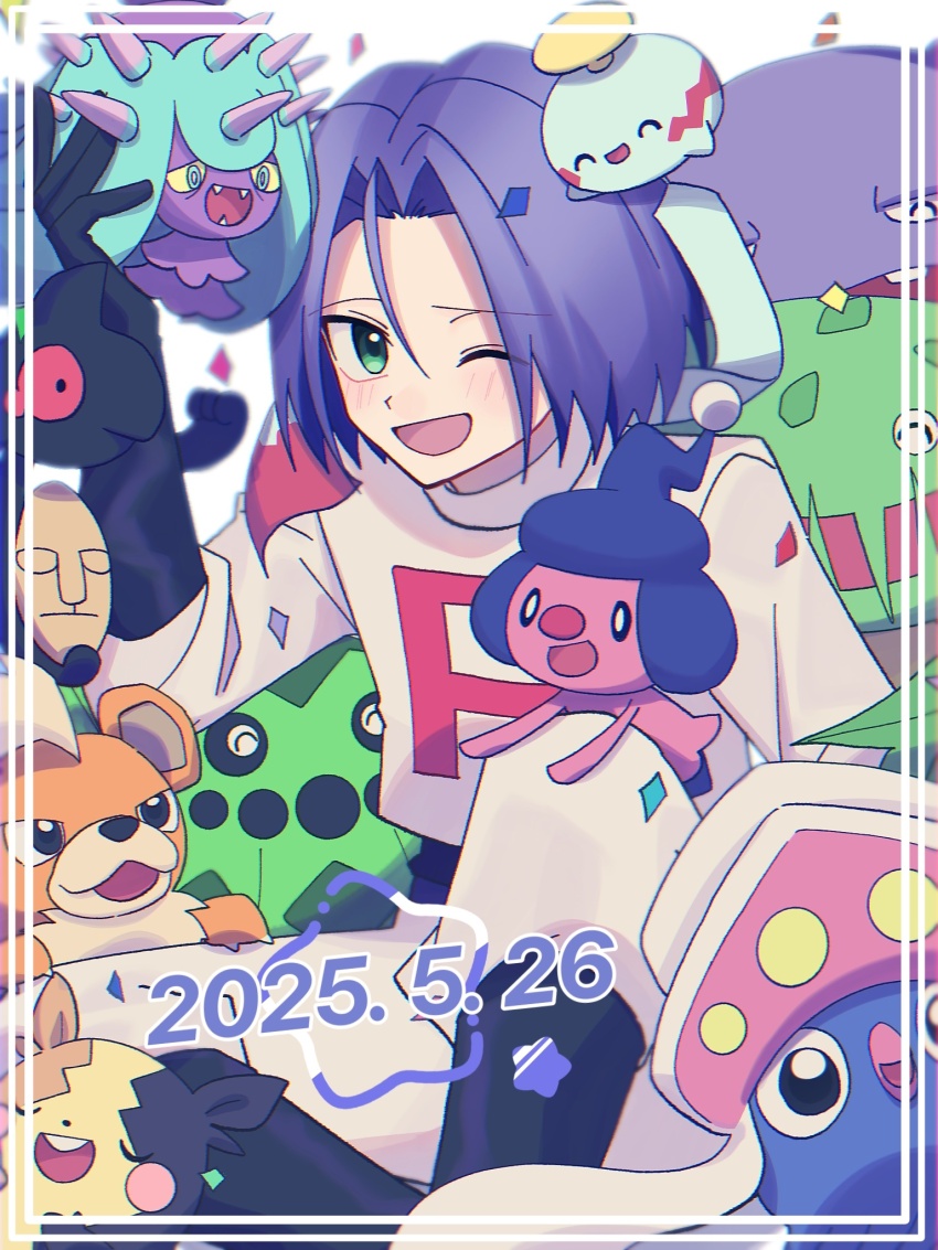 1boy black_gloves blush boots cacnea carnivine chimecho gen_1_pokemon gen_3_pokemon gen_4_pokemon gen_5_pokemon gen_6_pokemon gen_7_pokemon gen_8_pokemon gloves green_eyes growlithe highres inkay james_(pokemon) looking_at_viewer mareanie mime_jr. morpeko morpeko_(full) nintendo one_eye_closed pokemon pokemon_(anime) pokemon_(classic_anime) purple_hair team_rocket team_rocket_uniform weezing white_background worried yamask yunyun_n23