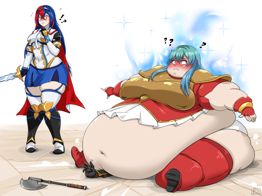2girls aqua_hair armor axe big_belly blue_hair highres long_hair multiple_girls red_hair sword weapon weight_gain
