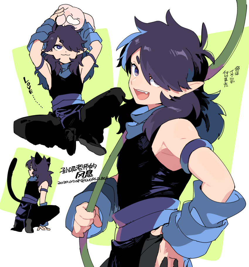 1boy animal_ears arms_up dated fengxi_(the_legend_of_luoxiaohei) hair_over_one_eye hand_on_own_hip highres multiple_views open_mouth purple_eyes shirt sleeveless sleeveless_shirt smile tail luo_xiaohei_zhanji twitter_username upper_body vox aged_down